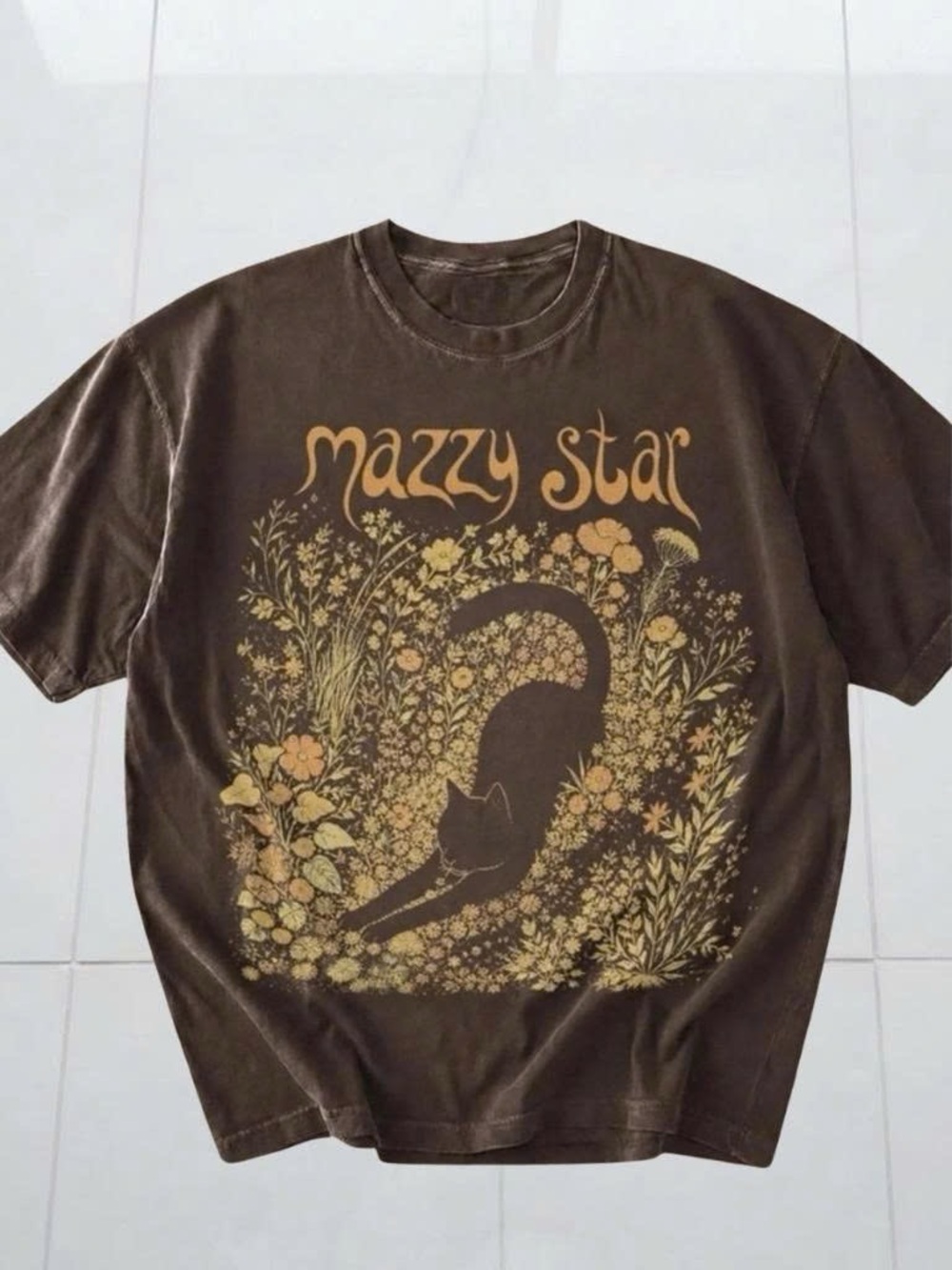 Vintage Brown Mazzy Star Tee with Gold Floral Cat Graphic